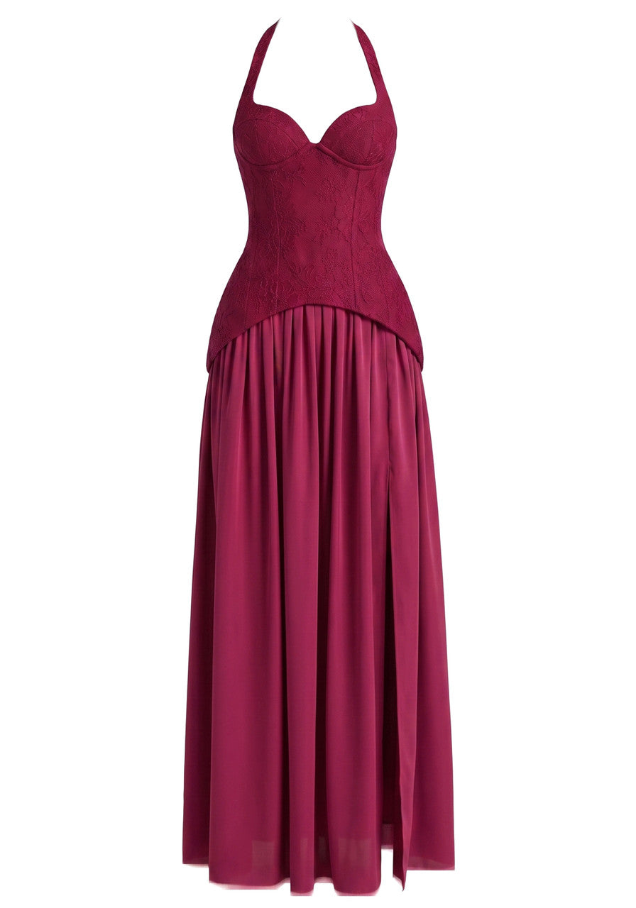 Muñoz Fashion Halter Sweetheart Corset Burgundy A-Line Maxi Dress