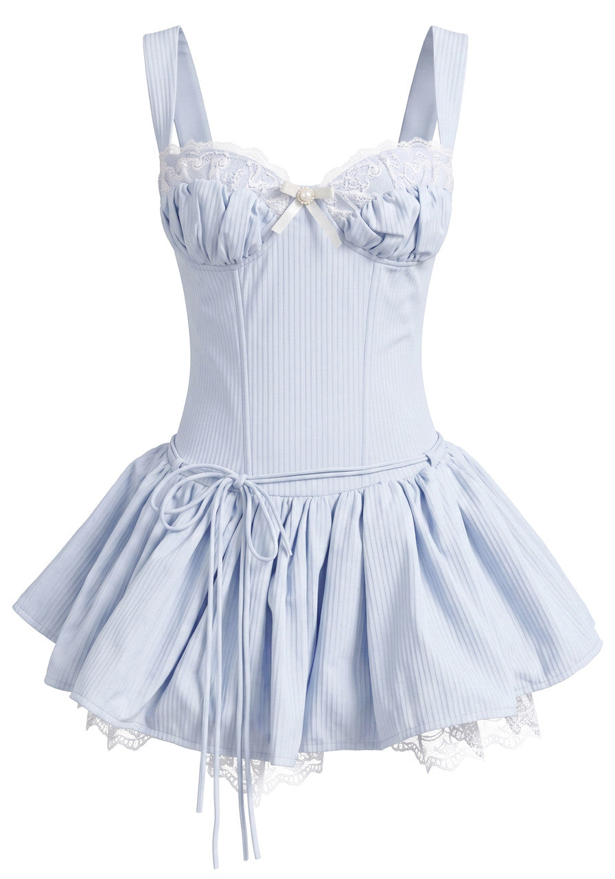 Muñoz Fashion Bustier Lace Trim Blue Mini Dress with Tie Waist