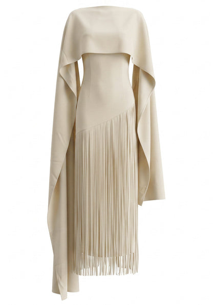 Muñoz Fashion Cape Overlay Tassel Fringe Ivory Midi Dress