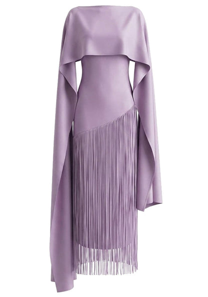 Muñoz Fashion Cape Overlay Tassel Fringe Lavender Midi Dress