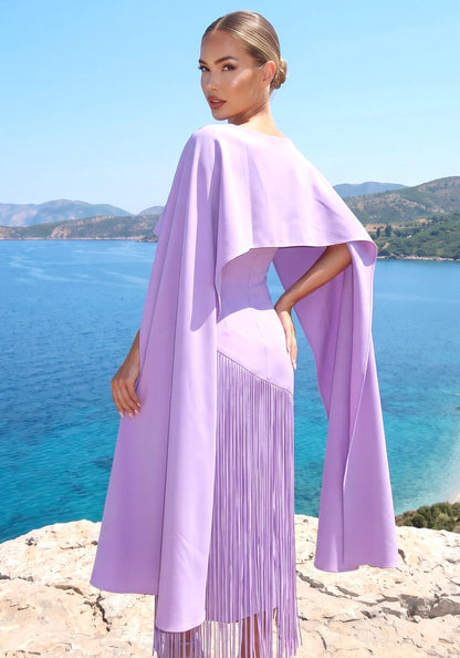 Muñoz Fashion Cape Overlay Tassel Fringe Lavender Midi Dress