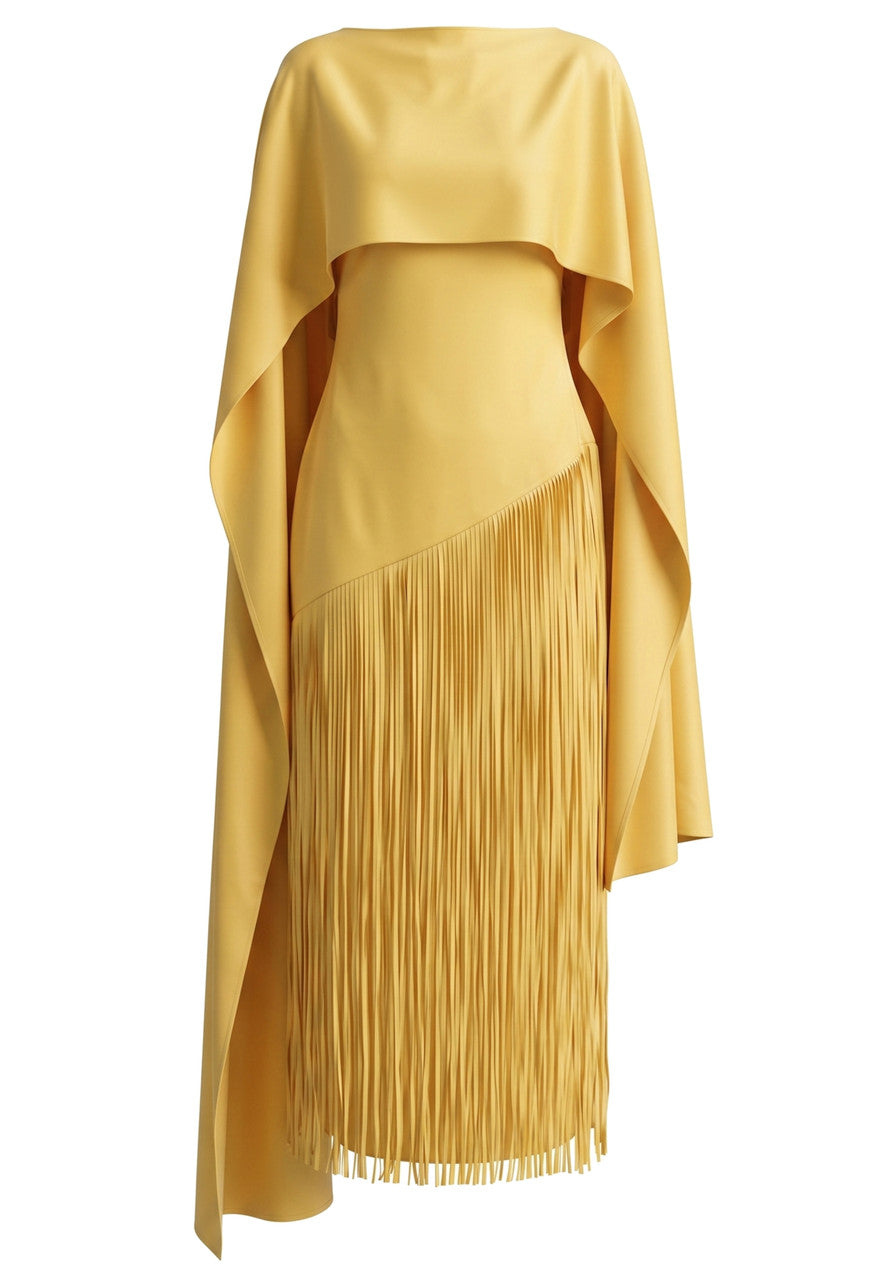 Muñoz Fashion Cape Overlay Tassel Fringe Yellow Midi Dress