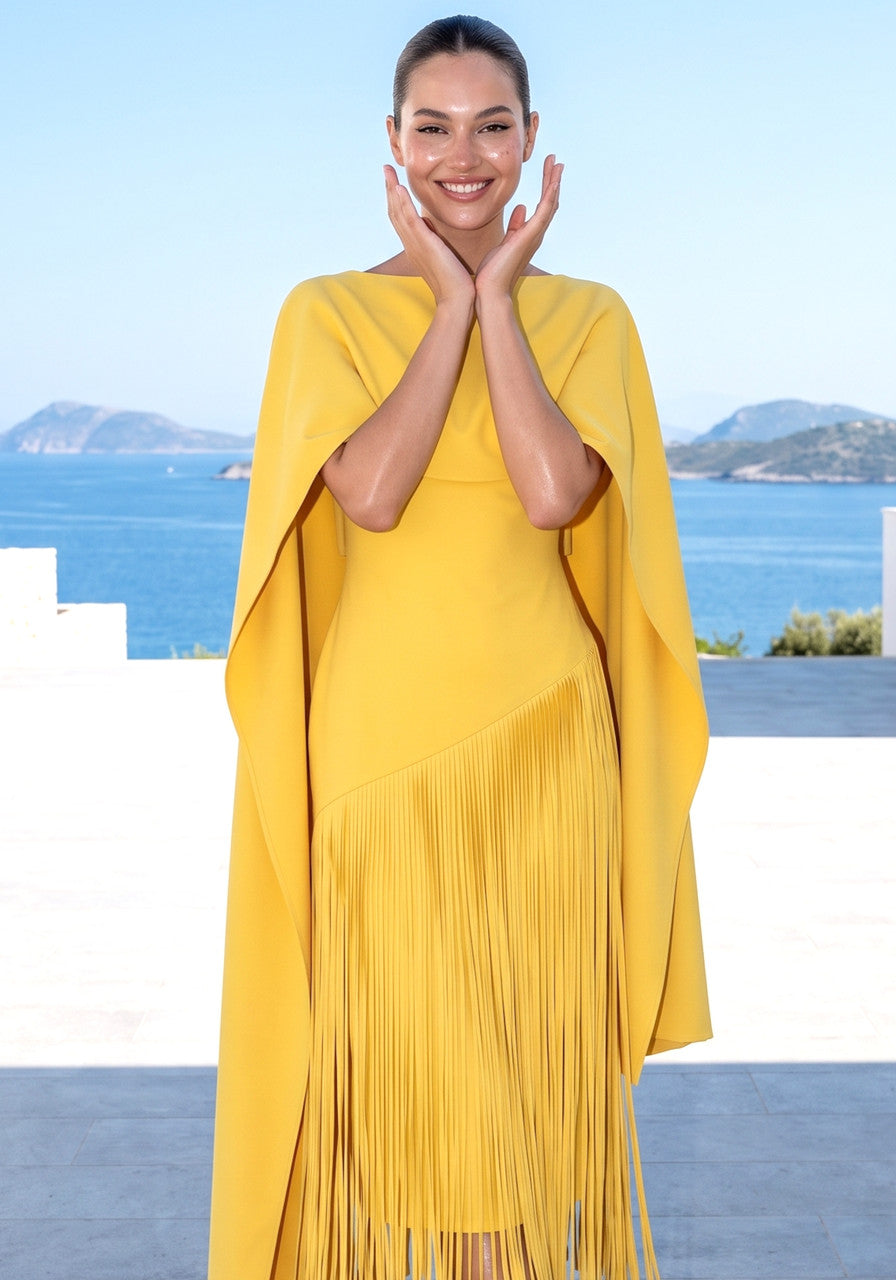 Muñoz Fashion Cape Overlay Tassel Fringe Yellow Midi Dress