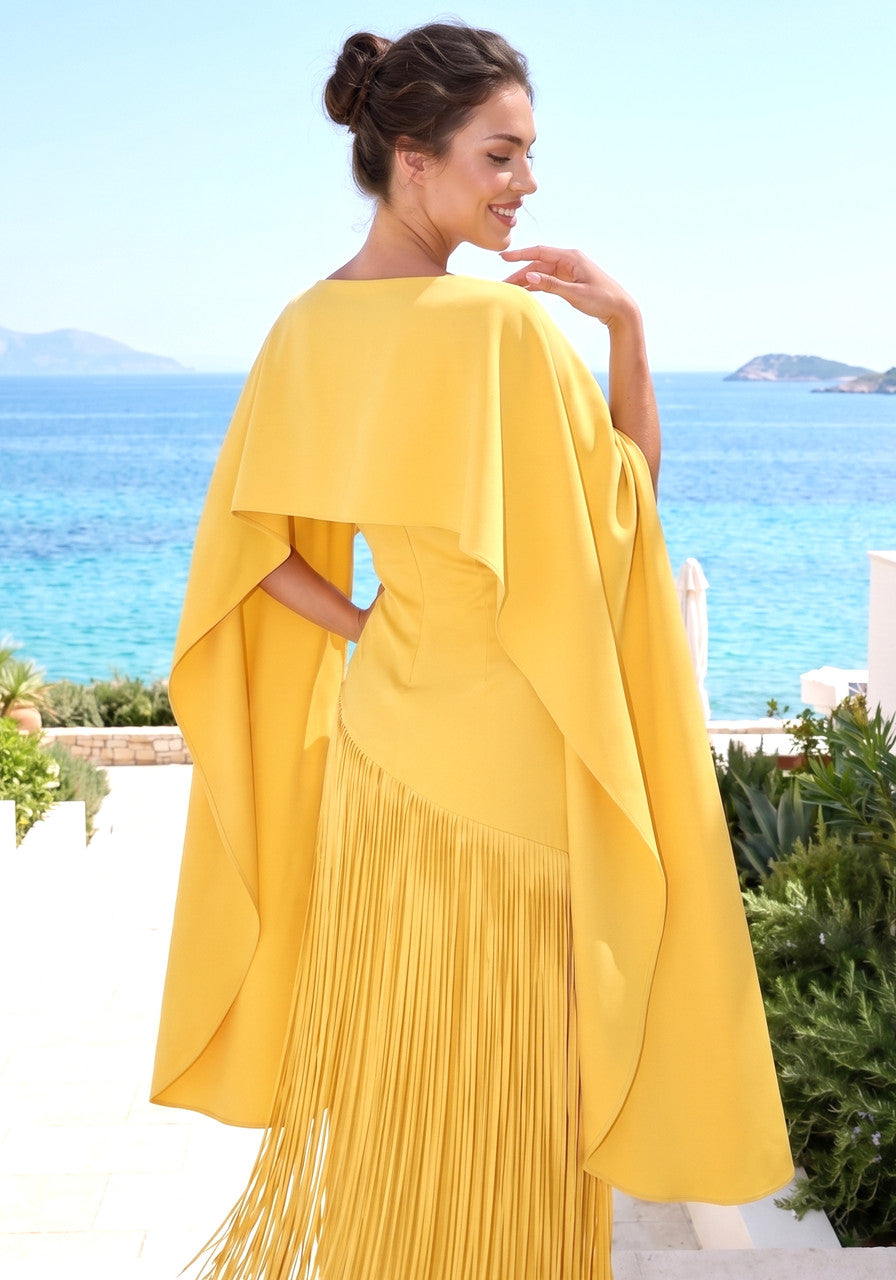 Muñoz Fashion Cape Overlay Tassel Fringe Yellow Midi Dress