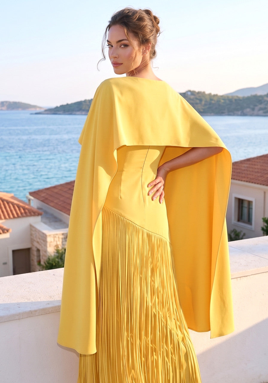 Muñoz Fashion Cape Overlay Tassel Fringe Yellow Midi Dress