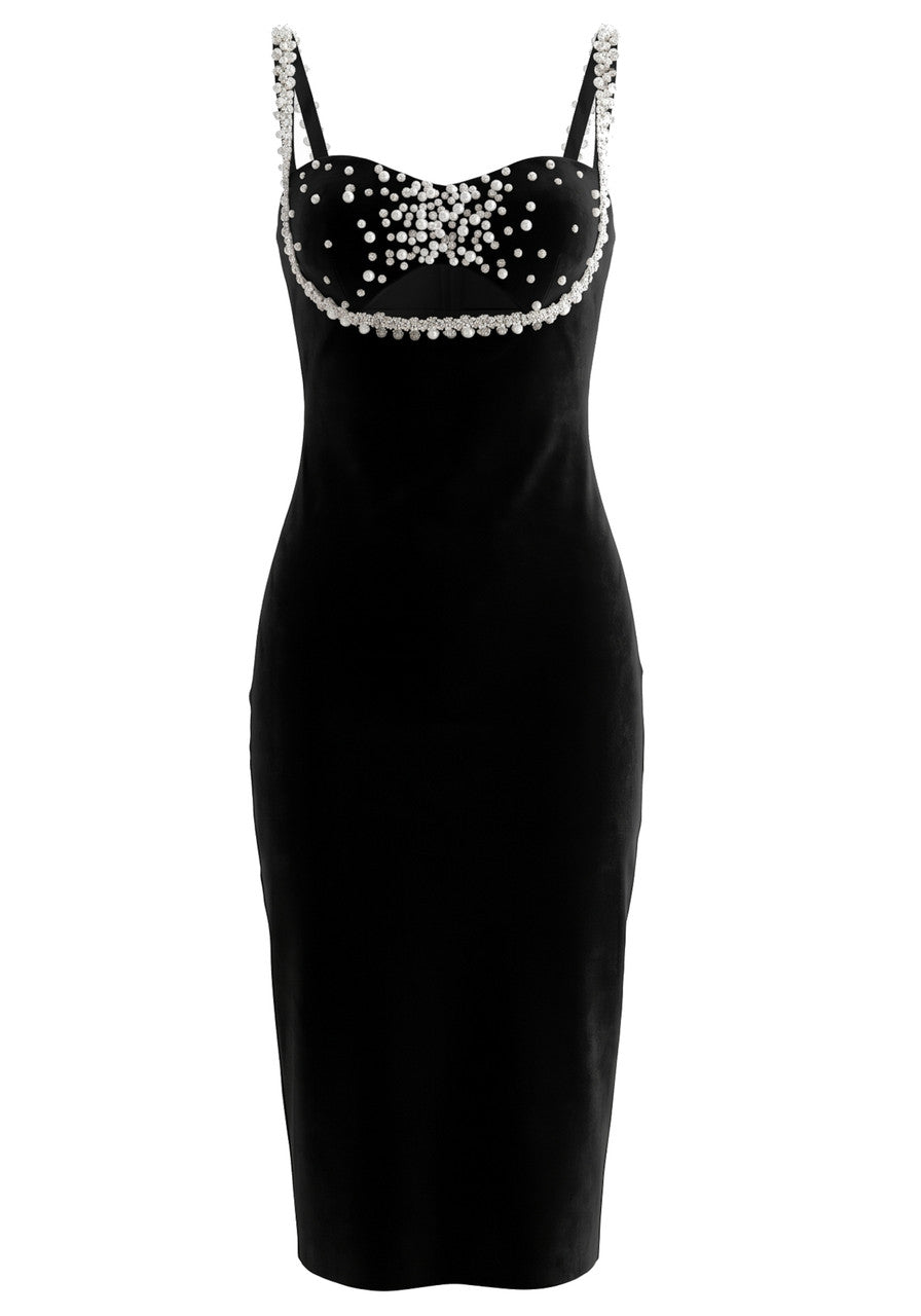 Muñoz Fashion Bustier Crystal Pearl Trim Black Velvet Midi Dress