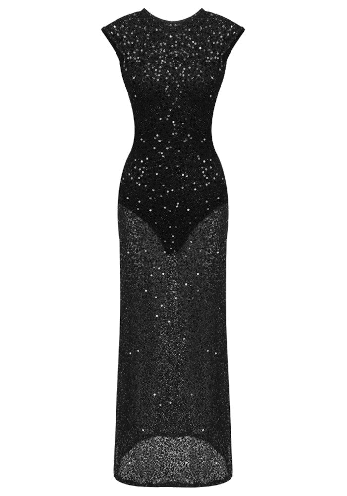 Muñoz Fashion Round Neck Sequin Bodycon Black Maxi Dress