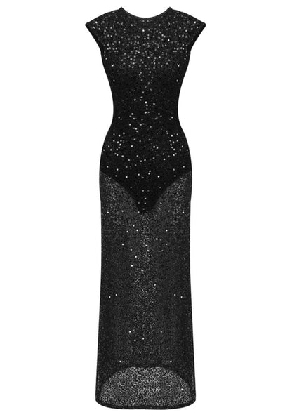 Muñoz Fashion Round Neck Sequin Bodycon Black Maxi Dress