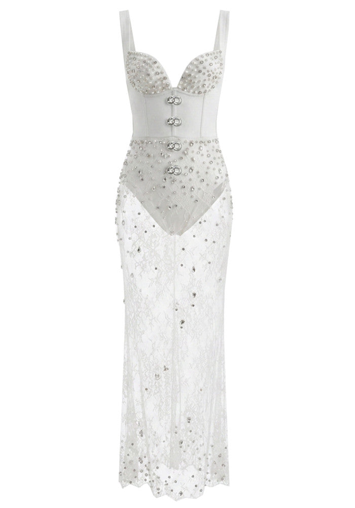 Muñoz Fashion Sweetheart Crystal Bustier Lace White Maxi Dress