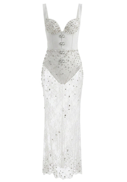 Muñoz Fashion Sweetheart Crystal Bustier Lace White Maxi Dress