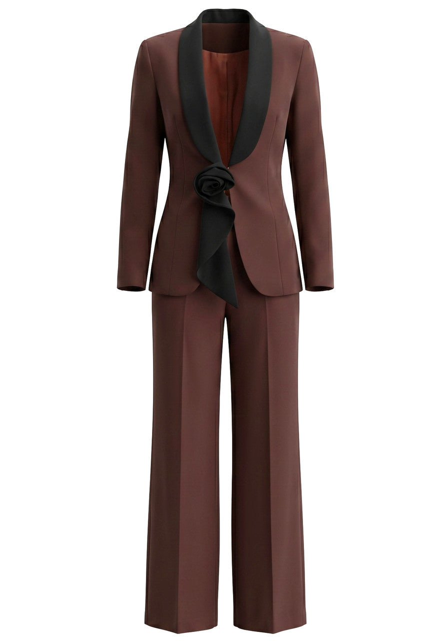 Muñoz Fashion Blazer Rose Detail Brown Black Two-Piece Suit
