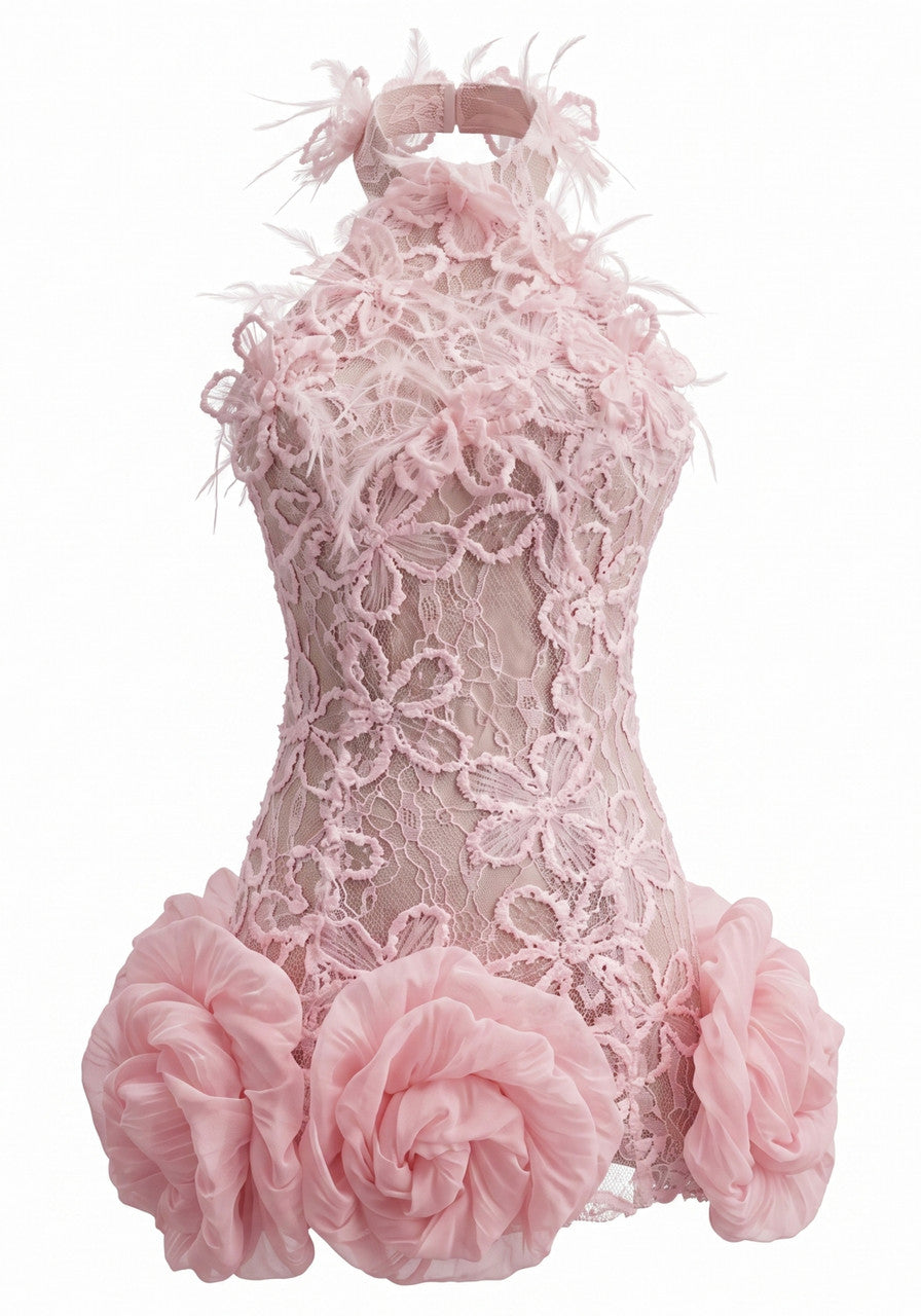 Muñoz Fashion High Neck Floral Lace Pink Mini Dress