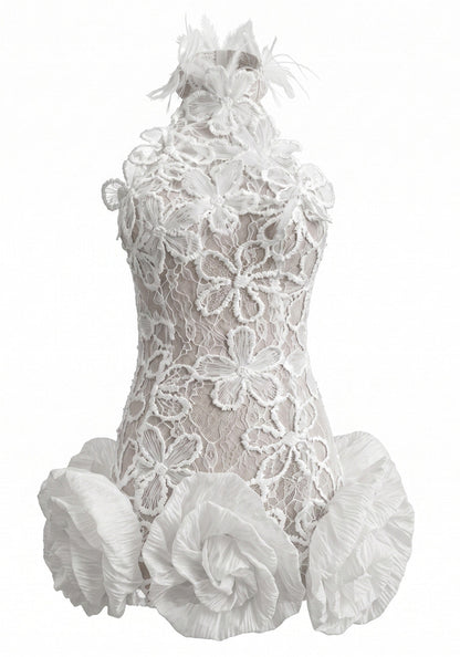 Muñoz Fashion High Neck Floral Lace White Mini Dress