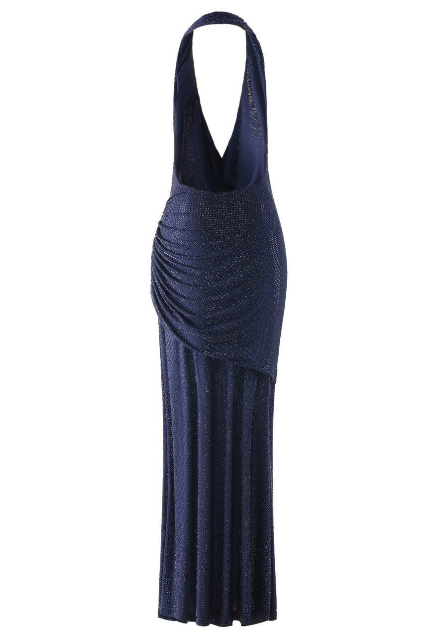 Muñoz Fashion Halter Embellished Ruched Navy Blue Maxi Dress