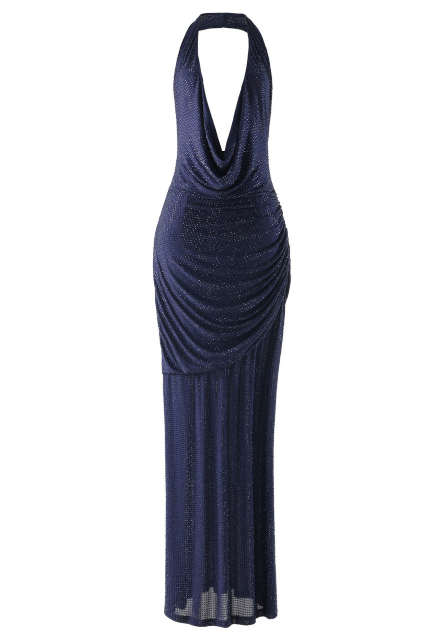 Muñoz Fashion Halter Embellished Ruched Navy Blue Maxi Dress