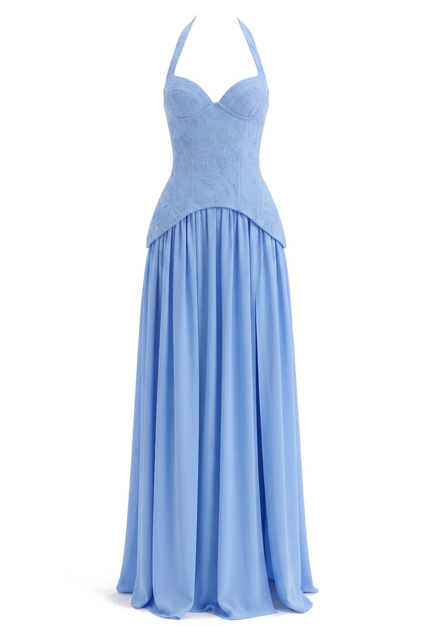 Muñoz Fashion Halter Sweetheart Corset Blue A-Line Maxi Dress