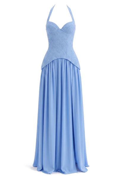 Muñoz Fashion Halter Sweetheart Corset Blue A-Line Maxi Dress