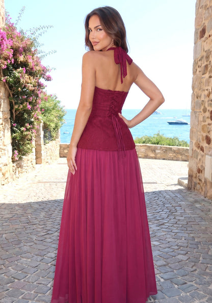 Muñoz Fashion Halter Sweetheart Corset Burgundy A-Line Maxi Dress