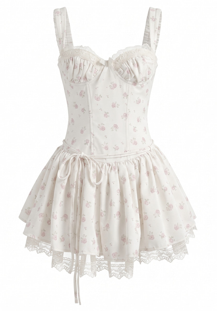 Muñoz Fashion Bustier Floral Print Lace Trim Ivory Mini Dress