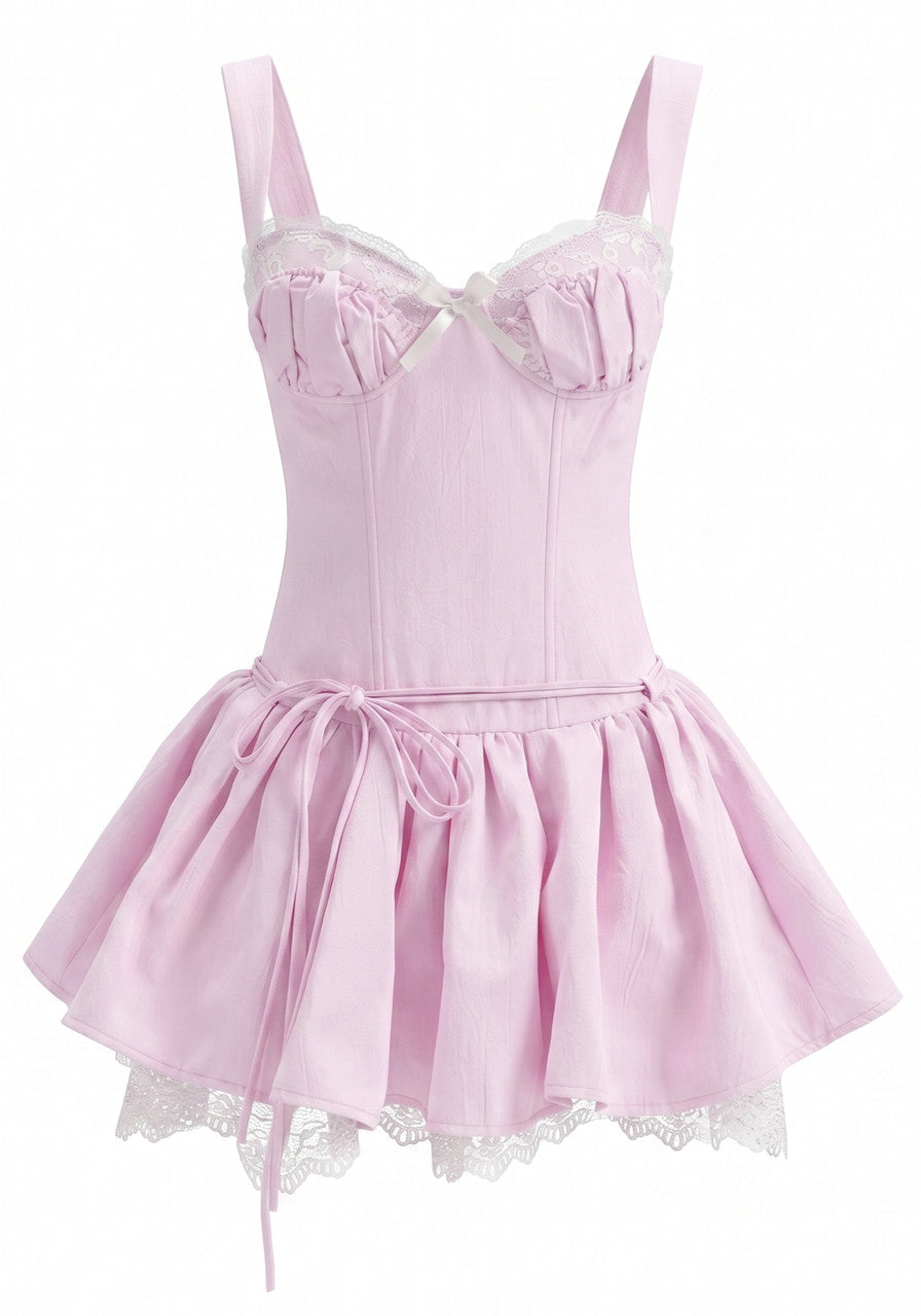 Muñoz Fashion Bustier Lace Trim Pink Mini Dress with Tie Waist