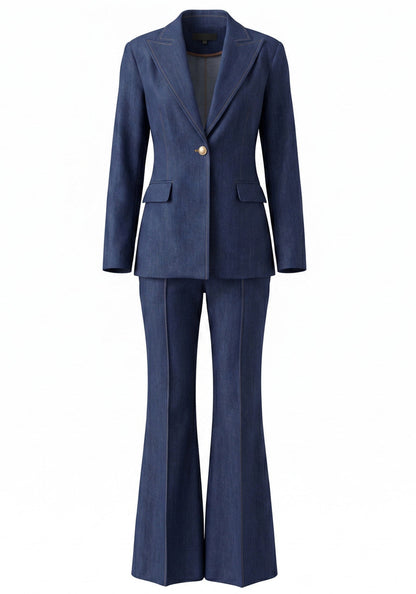 Muñoz Fashion Blazer Long Sleeve Denim Blue Flare Pant Suit