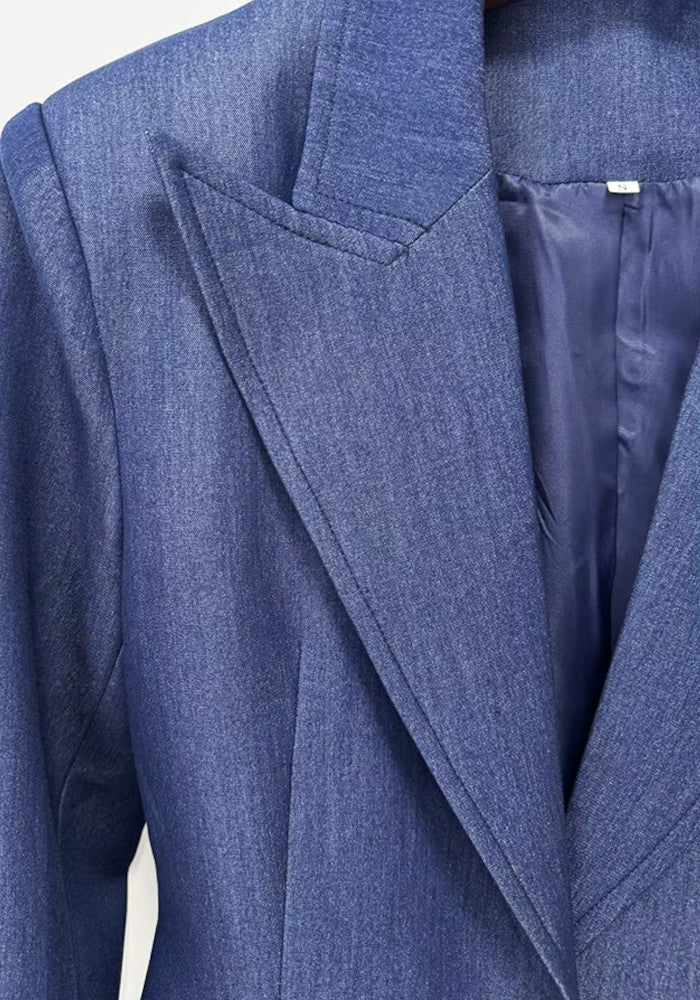 Muñoz Fashion Blazer Long Sleeve Denim Blue Flare Pant Suit