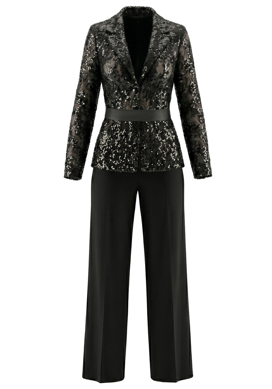 Muñoz Fashion V-Neck Sequined Lace Black Two-Piece Pant Suit