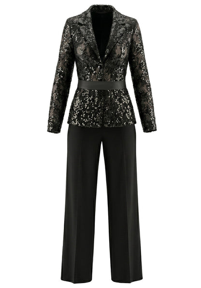 Muñoz Fashion V-Neck Sequined Lace Black Two-Piece Pant Suit