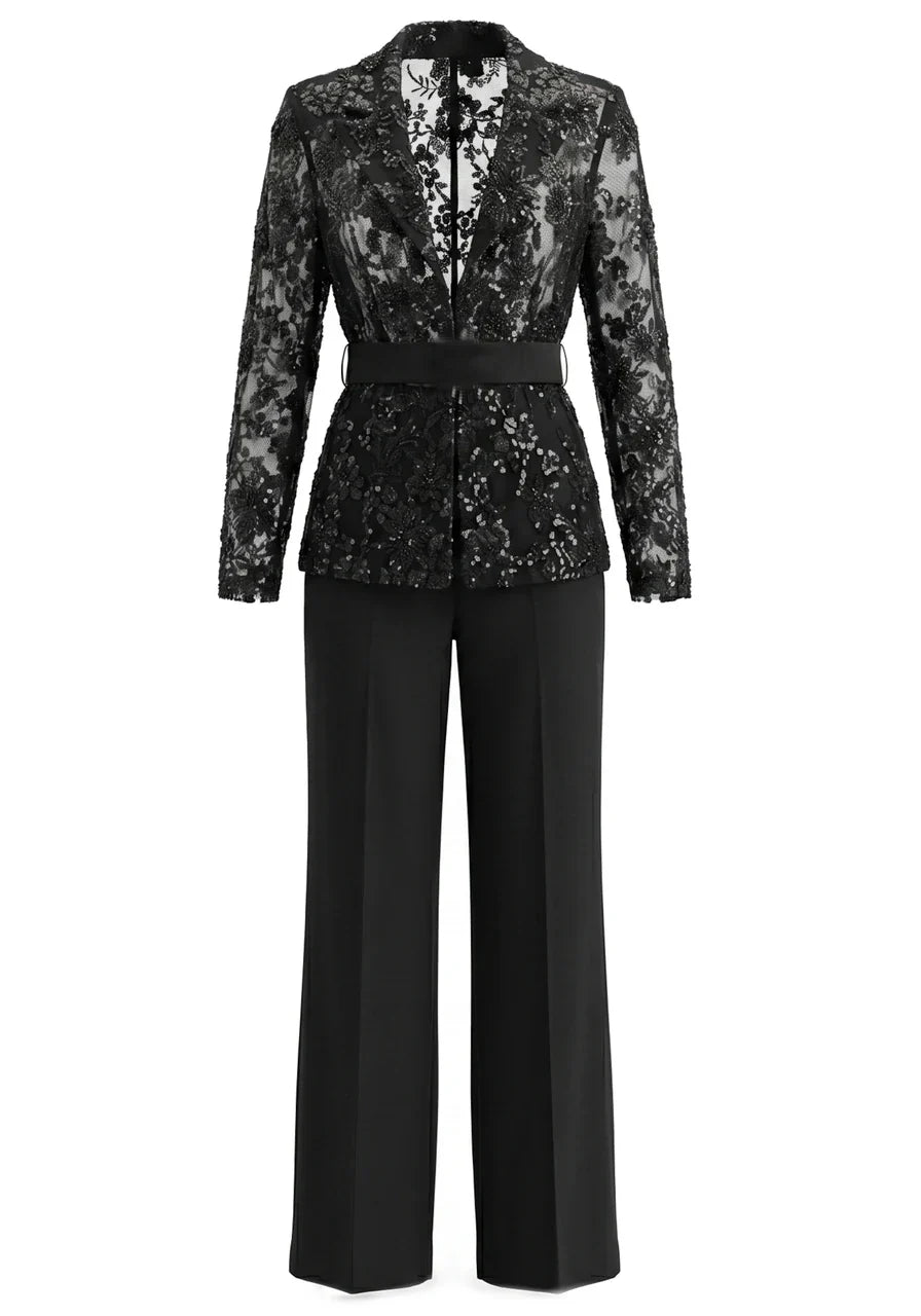 Muñoz Fashion V-Neck Sequin Lace Black Two-Piece Pant Suit