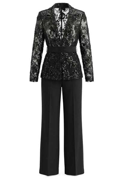Muñoz Fashion V-Neck Sequin Lace Black Two-Piece Pant Suit
