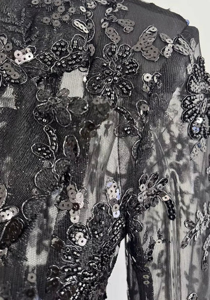 Muñoz Fashion V-Neck Sequin Lace Black Two-Piece Pant Suit