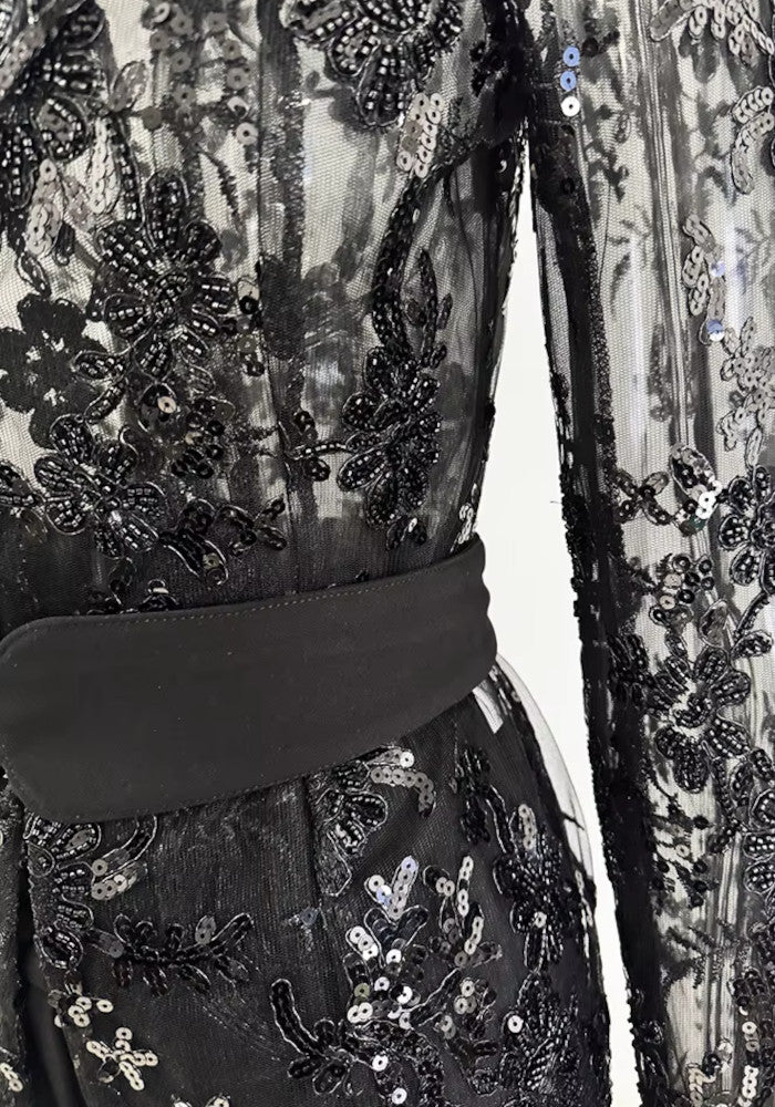 Muñoz Fashion V-Neck Sequin Lace Black Two-Piece Pant Suit