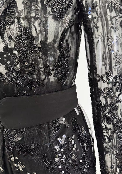 Muñoz Fashion V-Neck Sequin Lace Black Two-Piece Pant Suit